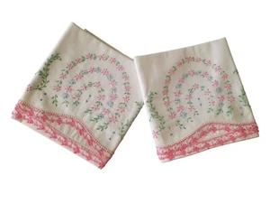 VINTAGE Embroidered Floral Pillowcases 2 Blue Pink Crochet Edge COTTON - Picture 1 of 3