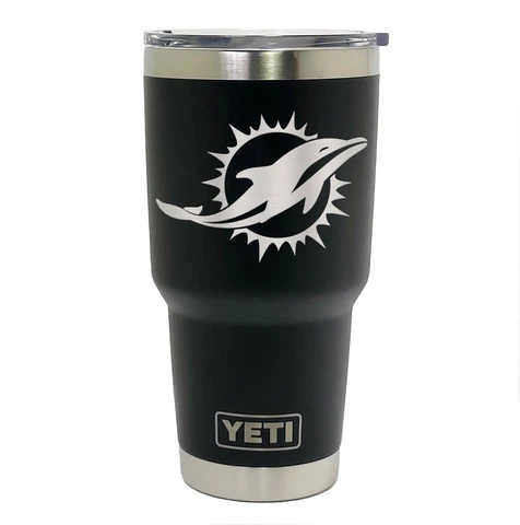 Miami Dolphins YETI Laser Engraved Colster, 20 or 30 oz. Black Tumbler Cover
