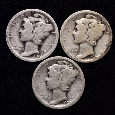 1920 P D S (3 PIECE LOT) Mercury Silver Dime AG / ABOUT GOOD FREE SHIPPING Cover