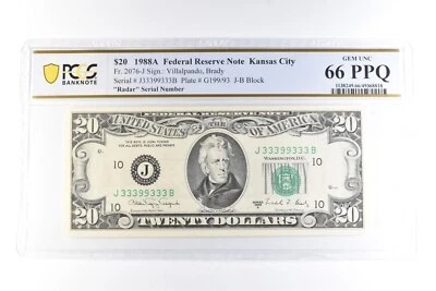1988 A $20 Kansas City MO FRN Fr#2076-J Radar Serial Gem Unc 66 PPQ PCGS *6099 - Image 1 of 3