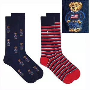 Polo Ralph Lauren Men's Crew Dress Socks USA Flag Bear 2-Pack American NWT - Picture 1 of 6