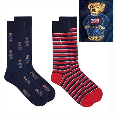 Nuevo Polo Ralph Lauren Hombre’s Crew Vestido Calcetines EE. UU. Bandera Americana Oso Paquete de 2 Nuevos con Etiquetas Foto 1 de 4