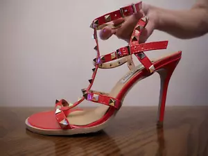 Valentino Stil rot Lack Nieten sehr hoher Absatz Knöchelriemen Sandalen Größe 10 - Bild 1 von 4