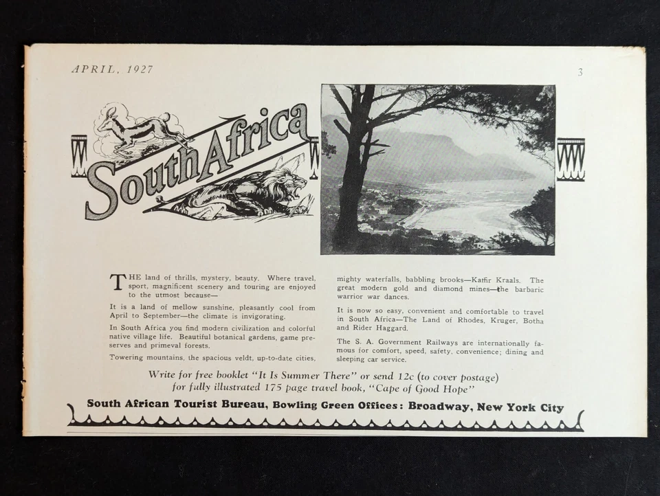 Anuncio impreso antiguo original de publicidad de la Oficina de Turismo de Sudáfrica 1927 #3 Foto 1 de 2