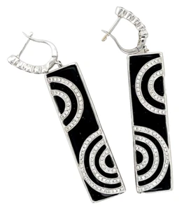 Art Deco Style 18K 750 White Gold Diamond Onyx Huggie 2.25" Earrings 12.35 Grams - Picture 1 of 5