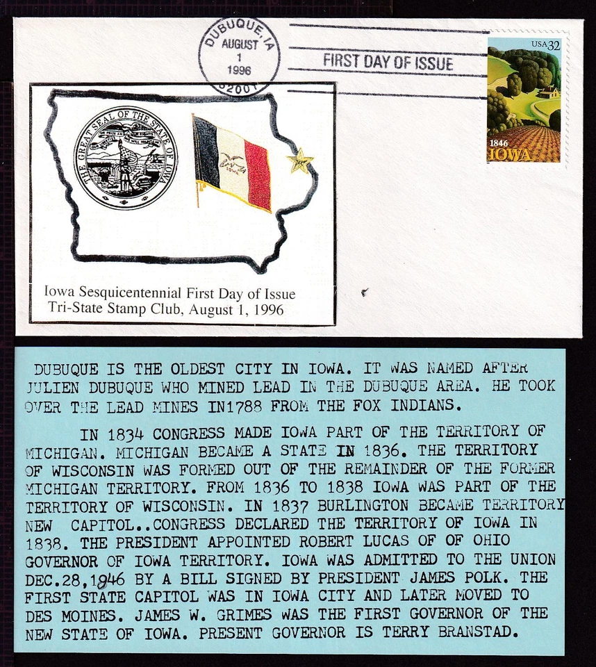 1996 Iowa 150th Sesquicentennial Sc 3088 Tri-State Cachet FDC flag & seal - Image 1 of 1