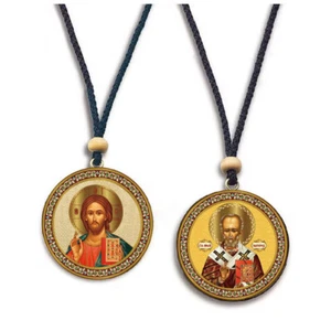 Bendición de Cristo y San Nicolás - Icono de Lámina de Oro - Icono Reversible de Sala de Automóviles - Imagen 1 de 2