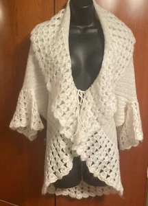 Cache White Ruffled Open Front Mohair Blend Cardigan Sweater Size M/L - Picture 1 of 6