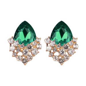 Non-Pierced Gold Plated Green Crystal Teardrop Stud Style Clip On Earrings - Picture 1 of 4