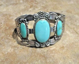 CLASSIC !!  WIDE Old 1940's Navajo Sterling Silver THREE TURQUOISE Bracelet - Picture 1 of 14