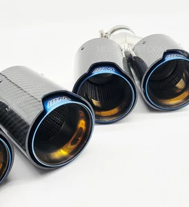 Exhaust Quad Tailpipes Blue Tips Carbon Fibre M Sport BMW 3.5" High Quality MIJ - Picture 1 of 13