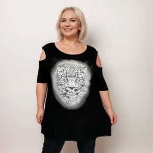 ROCKTHOSECURVES WOMENS TOP COLD SHOULDER LONG T-SHIRT SEQUIN LEOPARD PLUS SIZE - Picture 1 of 12