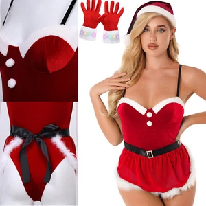 Women Velvet Santa Costume Christmas Bodysuit Lingerie with Gloves Lingerie Set - Picture 1 of 14