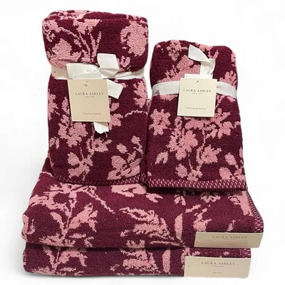 Laura Ashley Rye Flowers Burgundy Pink Floral Bath Towel Set of 6 Cottage - Image 1 of 4