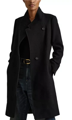 Reiss Maude Double Breasted Longline Black Wool Coat  -sz  12 / 16 UK -msrp $560 - Image 1 of 4