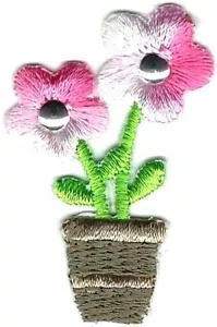 1 1/2 Zoll rosa 5 Blütenblätter Blumentopf Stickaufnäher - Bild 1 von 1