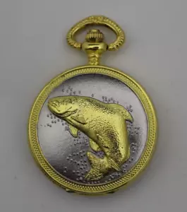Bass Fish Themed Gilt Quartz Pocket Watch - Picture 1 of 12