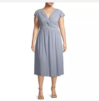 Romantic Gypsy Women's Plus Size 1X Twist Front Blue striped Midi Summer dress - Image 1 of 4