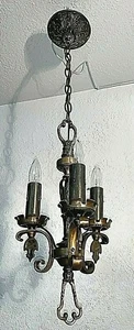 1930's HIGH QUALITY 3 LIGHT SOLID BRONZE PENDANT - Picture 1 of 12