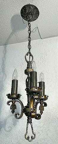 1930's HIGH QUALITY 3 LIGHT SOLID BRONZE PENDANT Cover
