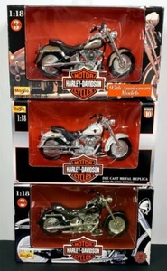 Lot 3 Maistro 1:18 Scale Diecast Harley Davidson Motorcycles Fat Boy 1998, 2000 - Picture 1 of 8