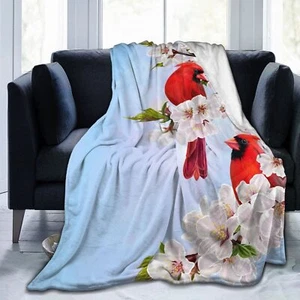 Red Cardinal Birds & Cherry Flowers Throw Blanket Ultra Soft All-Season Fleece - Picture 1 of 9