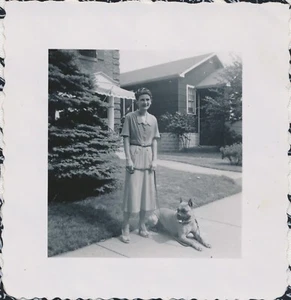 Snapshot Vintage Photo Woman Boxer Dog on Leash Walk Pet Animal Neighborhood - Picture 1 of 6