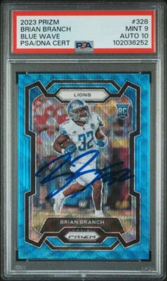 BRIAN BRANCH SIGNED 2023 BLUE WAVE PRIZM #328 Rookie PSA 9 AUTO 10 191/199 - Image 1 of 2
