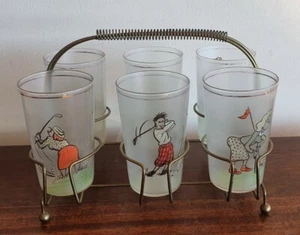 Set Of Six Vintage Hand Painted Golf / Golfer Frosted Glasses In Wire Tray - Picture 1 of 10