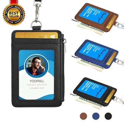ID Badge Card Holder Synthetic Leather Vertical Clip Neck Strap Lanyard Case - Image 1 of 4