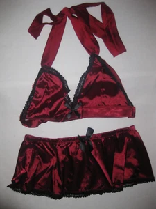 Romwe lace trim w/bow satin halter bralette & skirt set S burgundy w/black 80s - Picture 1 of 5
