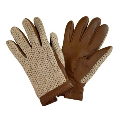 Fownes Vintage Driving Gloves Small Brown Tan Knit Vinyl Palm WPL 9522 Retro - Image 1 of 4