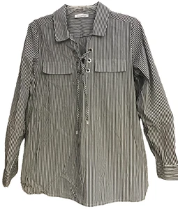 Calvin Klein Small Blouse 3/4 Roll Tab Sleeve Collar Lace Up Black White Stripe - Picture 1 of 12