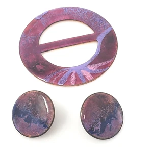 Artisan Rustic Purple Disc Earrings & Scarf Clip Enamel Copper Boho Handmade USA - Picture 1 of 5