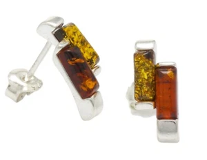 NATURAL BALTIC AMBER STERLING SILVER 925 Small Earrings Stud Multicolored & Box - Picture 1 of 12