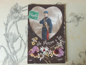 Carte Postale ancienne fantaisie Je pense à toi Soldat Amour  WW1 - Imagen 1 de 2