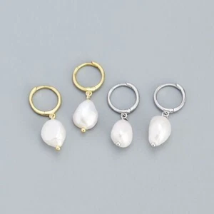 Woman Real S925 Sterling Silver Freshwater Pearl Hoop Earring Clip Drop Dangle - Picture 1 of 7