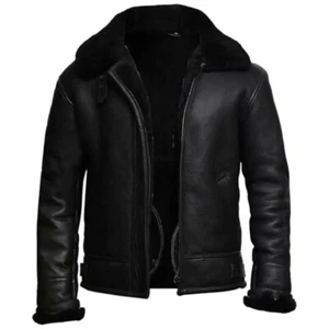 'Men's Black Bomber Aviator B3 Fur Shearling Flying Pilot Real Sheepskin Jacket - Picture 1 of 3
