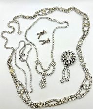 Vintage Clear Rhinestone Silver Tone Jewelry Lot Belt Necklaces Earrings Brooch
