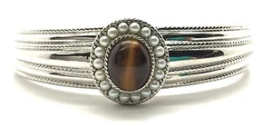 Sterling Silver Brown Tiger's Eye Pearl Halo Twisted Chunky Cuff Bangle Bracelet - Picture 1 of 3