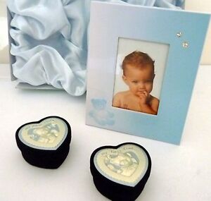 BABY BOY KEEPSAKE "FIRST CURL, FIRST TOOTH & FRAME" SET IN BLUE SATIN LINED BOX