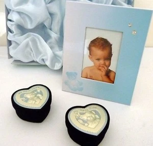 BABY BOY KEEPSAKE "FIRST CURL, FIRST TOOTH & FRAME" SET IN BLUE SATIN LINED BOX - Picture 1 of 4