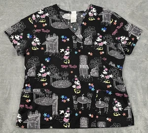 Disney Scrub Top Womens Large Black Minnie Mouse Café V Neck Shirt Pockets - Picture 1 of 12