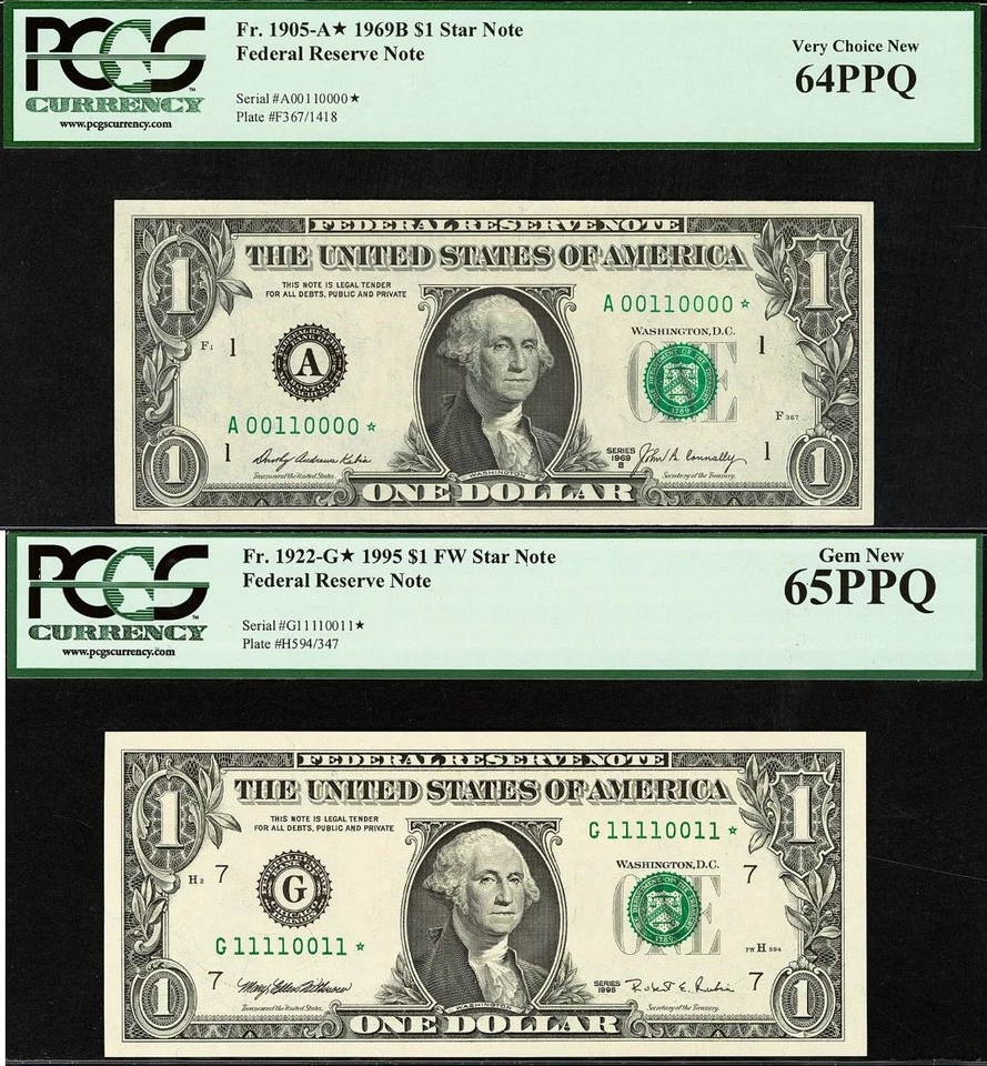 1969B & 1995 $1 FRN PCGS 65PPQ - Matching Binary Serial Number Star 00110000* - Image 1 of 4