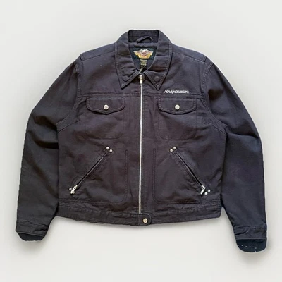 Vintage Harley Davidson Black Canvas Zip Up Trucker Jean Jacket Size Large Y2K - Image 1 of 4