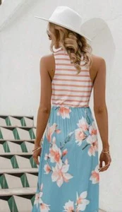 Women's 2023 Summer Striped Floral Maxi Dresses Sleeveless Casual Loose Small - Picture 1 of 4