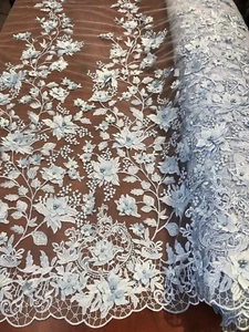 LIGHT BLUE PRINCESS 3D FLORAL EMBROIDER WITH PEALS ON A MESH LACE-SOLD BY YARD. - Picture 1 of 9