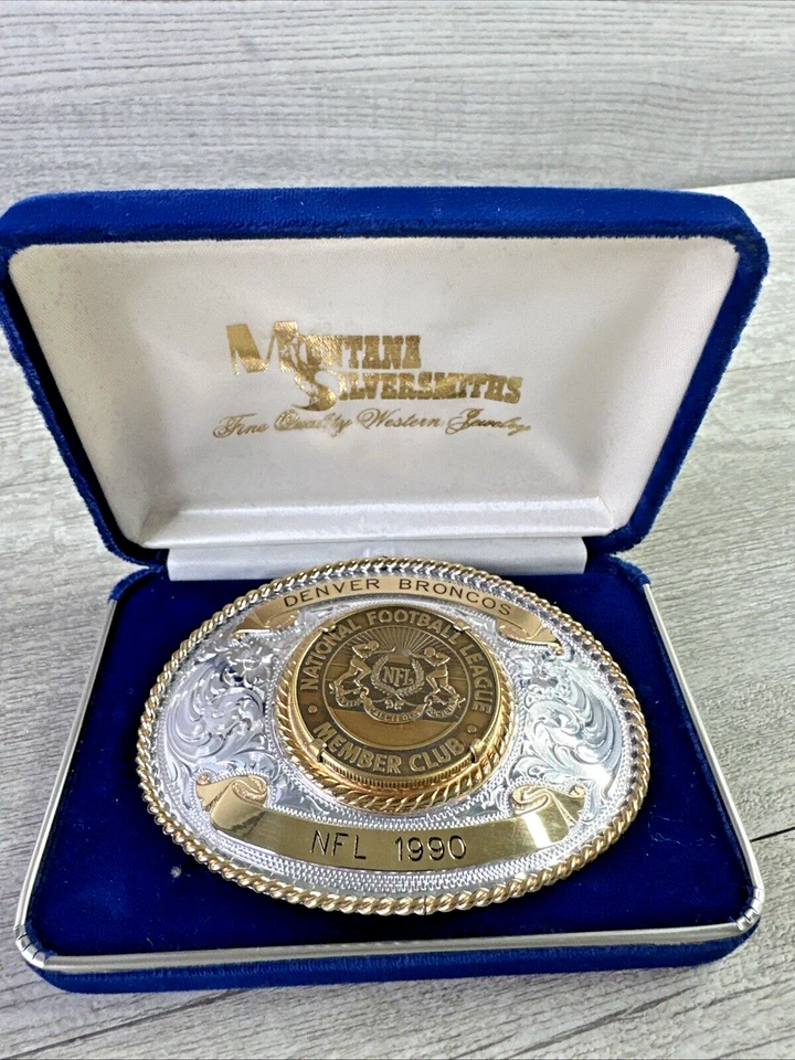 Montana Silversmiths Denver Broncos 1990 hebilla miembro de la liga NFL placa esterlina Foto 1 de 4