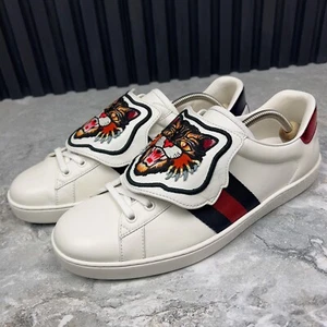 Gucci Ace Web Tiger Patch Sneaker White Leather Python Heel 9.5 G 10 US 43.5EUR - Picture 1 of 12