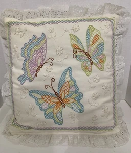 Butterfly Pillow Embroidered Blue,Orange,Green Lace Trim Square - Picture 1 of 6